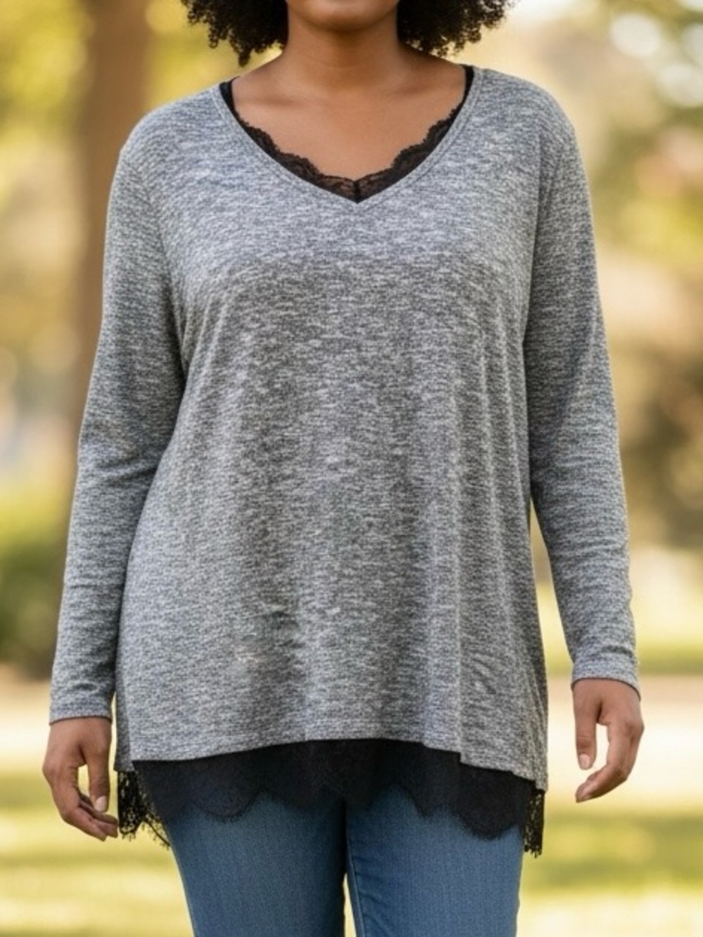 Catherines V-Neck Long Sleeve Top with Black Lace Trim